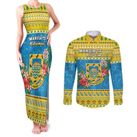 Tuvalu Christmas Couples Matching Tank Maxi Dress and Long Sleeve Button Shirt Coat Of Arms Manuia Te Kilisimasi LT05 Yellow - Polynesian Pride