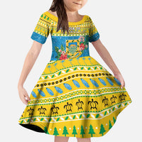 Tuvalu Christmas Kid Short Sleeve Dress Coat Of Arms Manuia Te Kilisimasi LT05 KID Yellow - Polynesian Pride
