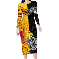 New Zealand And Papua New Guinea Rugby Custom Family Matching Long Sleeve Bodycon Dress and Hawaiian Shirt Maori Kiwi With Bird of Paradise LT05 Mom's Dress Black - Polynesian Pride