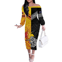 New Zealand And Papua New Guinea Rugby Custom Family Matching Off The Shoulder Long Sleeve Dress and Hawaiian Shirt Maori Kiwi With Bird of Paradise LT05 Mom's Dress Black - Polynesian Pride