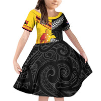 New Zealand And Papua New Guinea Rugby Custom Family Matching Off Shoulder Short Dress and Hawaiian Shirt Maori Kiwi With Bird of Paradise LT05 Daughter's Dress Black - Polynesian Pride