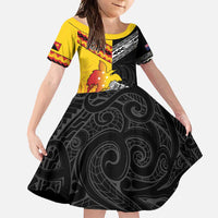 New Zealand And Papua New Guinea Rugby Custom Family Matching Tank Maxi Dress and Hawaiian Shirt Maori Kiwi With Bird of Paradise LT05 Daughter's Dress Black - Polynesian Pride