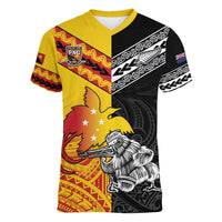 New Zealand And Papua New Guinea Rugby Custom Women V-Neck T-Shirt Maori Kiwi With Bird of Paradise LT05 Female Black - Polynesian Pride