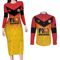 Papua New Guinea Rugby Custom Couples Matching Long Sleeve Bodycon Dress and Long Sleeve Button Shirt Go Orchids Pacific Champions LT05 Yellow - Polynesian Pride