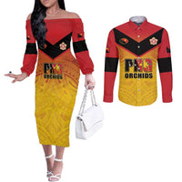 Papua New Guinea Rugby Custom Couples Matching Off The Shoulder Long Sleeve Dress and Long Sleeve Button Shirt Go Orchids Pacific Champions LT05 Yellow - Polynesian Pride