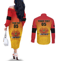 Papua New Guinea Rugby Custom Couples Matching Off The Shoulder Long Sleeve Dress and Long Sleeve Button Shirt Go Orchids Pacific Champions LT05 - Polynesian Pride