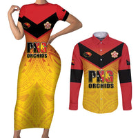 Papua New Guinea Rugby Custom Couples Matching Short Sleeve Bodycon Dress and Long Sleeve Button Shirt Go Orchids Pacific Champions LT05 Yellow - Polynesian Pride