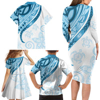 Blue Polynesian Tribal Turtle Floral Pattern Family Matching Long Sleeve Bodycon Dress and Hawaiian Shirt LT05 - Polynesian Pride