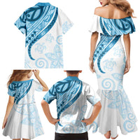 Blue Polynesian Tribal Turtle Floral Pattern Family Matching Mermaid Dress and Hawaiian Shirt LT05 - Polynesian Pride