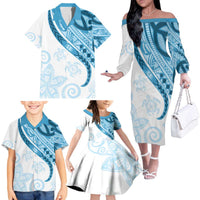 Blue Polynesian Tribal Turtle Floral Pattern Family Matching Off The Shoulder Long Sleeve Dress and Hawaiian Shirt LT05 - Polynesian Pride