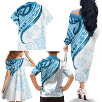 Blue Polynesian Tribal Turtle Floral Pattern Family Matching Off The Shoulder Long Sleeve Dress and Hawaiian Shirt LT05 - Polynesian Pride