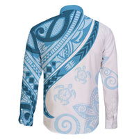 Blue Polynesian Tribal Turtle Floral Pattern Family Matching Off The Shoulder Long Sleeve Dress and Hawaiian Shirt LT05 - Polynesian Pride
