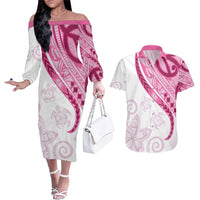 Rose Pink Polynesian Tribal Turtle Floral Pattern Couples Matching Off The Shoulder Long Sleeve Dress and Hawaiian Shirt LT05 Pink - Polynesian Pride