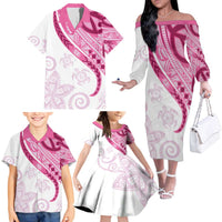 Rose Pink Polynesian Tribal Turtle Floral Pattern Family Matching Off The Shoulder Long Sleeve Dress and Hawaiian Shirt LT05 - Polynesian Pride