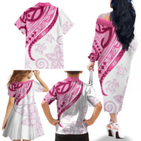 Rose Pink Polynesian Tribal Turtle Floral Pattern Family Matching Off The Shoulder Long Sleeve Dress and Hawaiian Shirt LT05 - Polynesian Pride