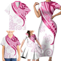 Rose Pink Polynesian Tribal Turtle Floral Pattern Family Matching Short Sleeve Bodycon Dress and Hawaiian Shirt LT05 - Polynesian Pride