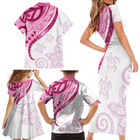 Rose Pink Polynesian Tribal Turtle Floral Pattern Family Matching Short Sleeve Bodycon Dress and Hawaiian Shirt LT05 - Polynesian Pride