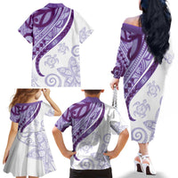 Purple Polynesian Tribal Turtle Floral Pattern Family Matching Off The Shoulder Long Sleeve Dress and Hawaiian Shirt LT05 - Polynesian Pride