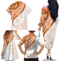 Orange Polynesian Tribal Turtle Floral Pattern Family Matching Off The Shoulder Long Sleeve Dress and Hawaiian Shirt LT05 - Polynesian Pride