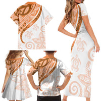 Orange Polynesian Tribal Turtle Floral Pattern Family Matching Short Sleeve Bodycon Dress and Hawaiian Shirt LT05 - Polynesian Pride