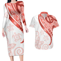 Coral Red Polynesian Tribal Turtle Floral Pattern Couples Matching Long Sleeve Bodycon Dress and Hawaiian Shirt LT05 Red - Polynesian Pride