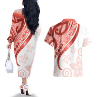 Coral Red Polynesian Tribal Turtle Floral Pattern Couples Matching Off The Shoulder Long Sleeve Dress and Hawaiian Shirt LT05 - Polynesian Pride