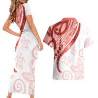 Coral Red Polynesian Tribal Turtle Floral Pattern Couples Matching Short Sleeve Bodycon Dress and Hawaiian Shirt LT05 - Polynesian Pride