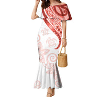 Coral Red Polynesian Tribal Turtle Floral Pattern Family Matching Mermaid Dress and Hawaiian Shirt LT05 Mom's Dress Red - Polynesian Pride