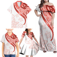 Coral Red Polynesian Tribal Turtle Floral Pattern Family Matching Off Shoulder Maxi Dress and Hawaiian Shirt LT05 - Polynesian Pride