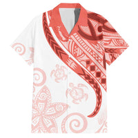 Coral Red Polynesian Tribal Turtle Floral Pattern Family Matching Off Shoulder Maxi Dress and Hawaiian Shirt LT05 Dad's Shirt - Short Sleeve Red - Polynesian Pride