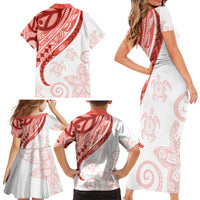 Coral Red Polynesian Tribal Turtle Floral Pattern Family Matching Short Sleeve Bodycon Dress and Hawaiian Shirt LT05 - Polynesian Pride
