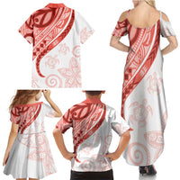 Coral Red Polynesian Tribal Turtle Floral Pattern Family Matching Summer Maxi Dress and Hawaiian Shirt LT05 - Polynesian Pride