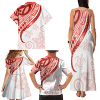Coral Red Polynesian Tribal Turtle Floral Pattern Family Matching Tank Maxi Dress and Hawaiian Shirt LT05 - Polynesian Pride