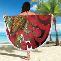 New Zealand Parrot Kaka Beach Blanket Maori Koru With Pohutukawa Flowers - Polynesian Pride