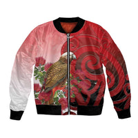 New Zealand Parrot Kaka Bomber Jacket Maori Koru With Pohutukawa Flowers - Polynesian Pride