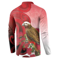 New Zealand Parrot Kaka Button Sweatshirt Maori Koru With Pohutukawa Flowers - Polynesian Pride