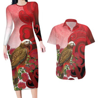 New Zealand Parrot Kaka Couples Matching Long Sleeve Bodycon Dress and Hawaiian Shirt Maori Koru With Pohutukawa Flowers LT05 Red - Polynesian Pride