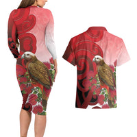 New Zealand Parrot Kaka Couples Matching Long Sleeve Bodycon Dress and Hawaiian Shirt Maori Koru With Pohutukawa Flowers LT05 - Polynesian Pride
