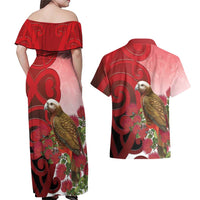New Zealand Parrot Kaka Couples Matching Off Shoulder Maxi Dress and Hawaiian Shirt Maori Koru With Pohutukawa Flowers LT05 - Polynesian Pride