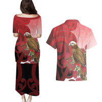 New Zealand Parrot Kaka Couples Matching Puletasi and Hawaiian Shirt Maori Koru With Pohutukawa Flowers LT05 - Polynesian Pride