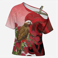 New Zealand Parrot Kaka Cross Shoulder Shirt Maori Koru With Pohutukawa Flowers LT05 Female Red - Polynesian Pride