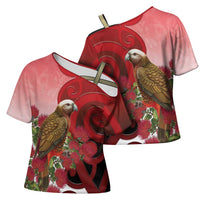 New Zealand Parrot Kaka Cross Shoulder Shirt Maori Koru With Pohutukawa Flowers LT05 - Polynesian Pride