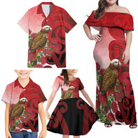 New Zealand Parrot Kaka Family Matching Off Shoulder Maxi Dress and Hawaiian Shirt Maori Koru With Pohutukawa Flowers LT05 - Polynesian Pride