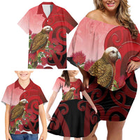 New Zealand Parrot Kaka Family Matching Off Shoulder Short Dress and Hawaiian Shirt Maori Koru With Pohutukawa Flowers LT05 - Polynesian Pride