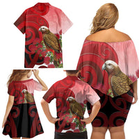 New Zealand Parrot Kaka Family Matching Off Shoulder Short Dress and Hawaiian Shirt Maori Koru With Pohutukawa Flowers LT05 - Polynesian Pride