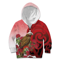 New Zealand Parrot Kaka Kid Hoodie Maori Koru With Pohutukawa Flowers LT05 Zip Hoodie Red - Polynesian Pride