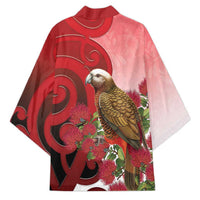 New Zealand Parrot Kaka Kimono Maori Koru With Pohutukawa Flowers - Polynesian Pride