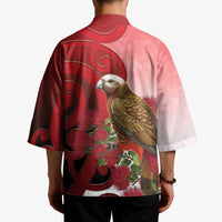 New Zealand Parrot Kaka Kimono Maori Koru With Pohutukawa Flowers - Polynesian Pride