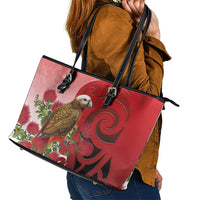 New Zealand Parrot Kaka Leather Tote Bag Maori Koru With Pohutukawa Flowers LT05 - Polynesian Pride
