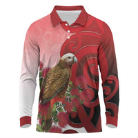 New Zealand Parrot Kaka Long Sleeve Polo Shirt Maori Koru With Pohutukawa Flowers LT05 Red - Polynesian Pride